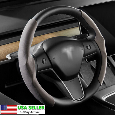 Gray Leather Steering Wheel Cover Anti-slip for Tesla Model 3 Y Auto accessories