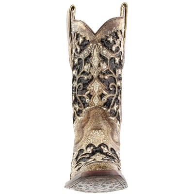 Pre-owned Corral Boots Sequined Tooledinlay Square Toe Cowboy Womens Brown Dress Boots A3
