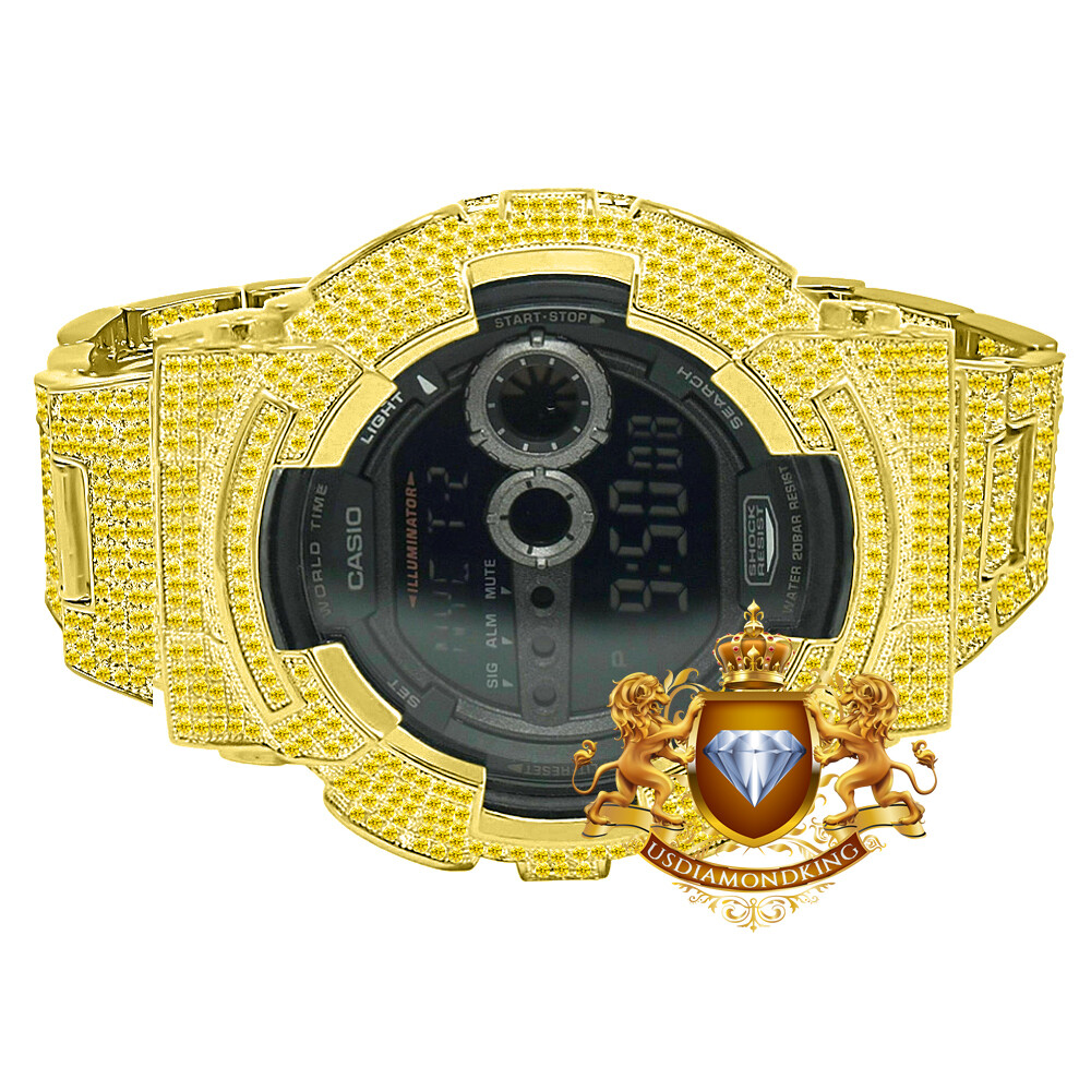 Pre-owned Usdiamondking Canary Gold Mens Simulated Diamond Authentic Casio Shock Gd100-1b Custom Watch