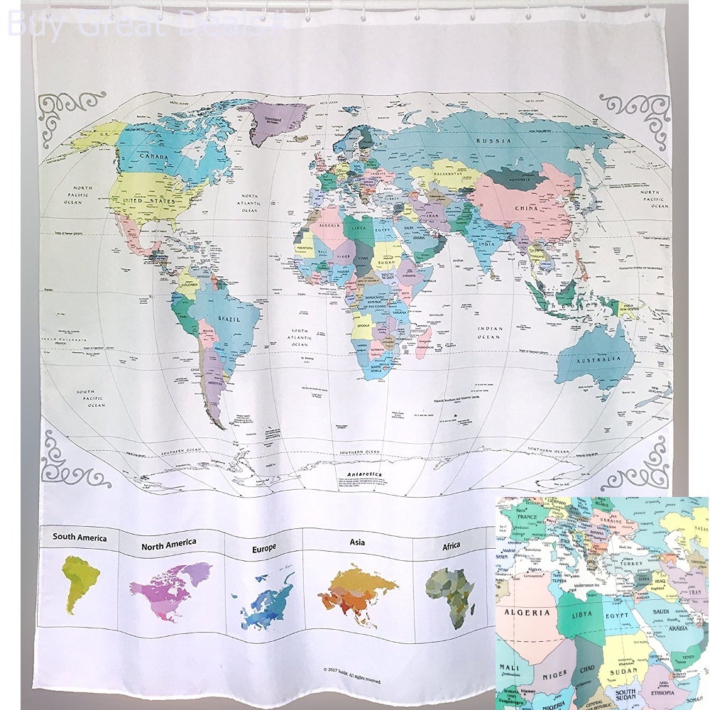 New Map Of The World Shower Curtain With Detailed Major Cities Pvc
