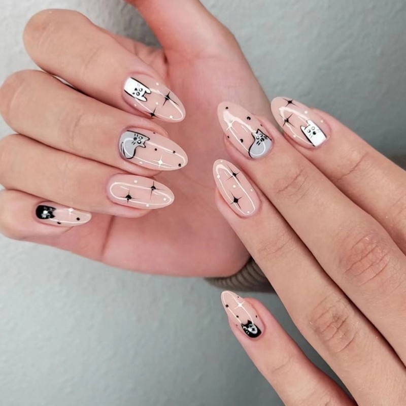 On Nails Diy French Cute Cat Long Almond False Nails