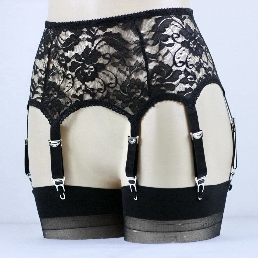 Luxallacki Hollow Lace Floral Garter Belt with 6 Straps Metal Clasp Lingerie