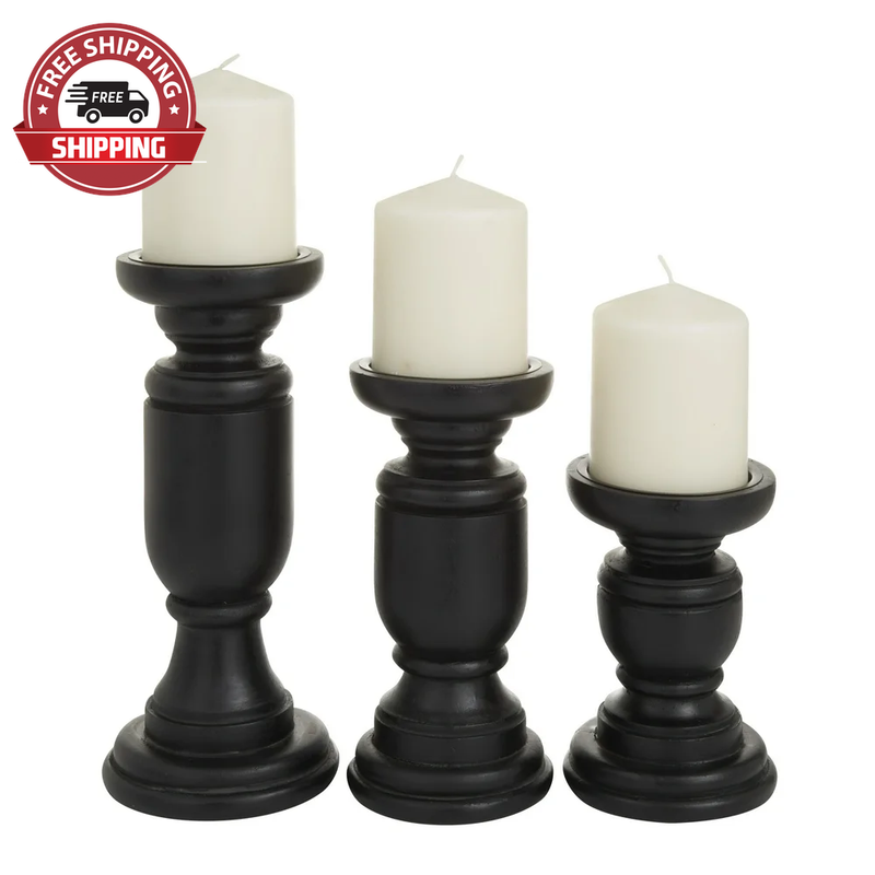 3 Candle Black Mango Wood Turned Style Pillar Candle Holder, Set of 3