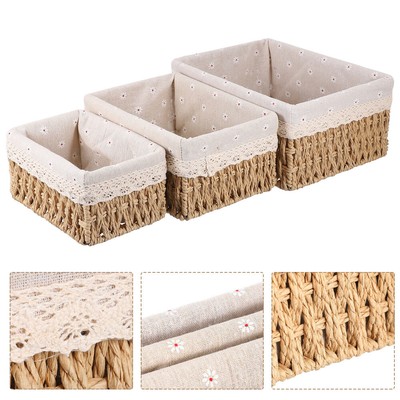  3 Pcs Rattan Storage Basket Sundries Organizer Cloth-lined Office Baby