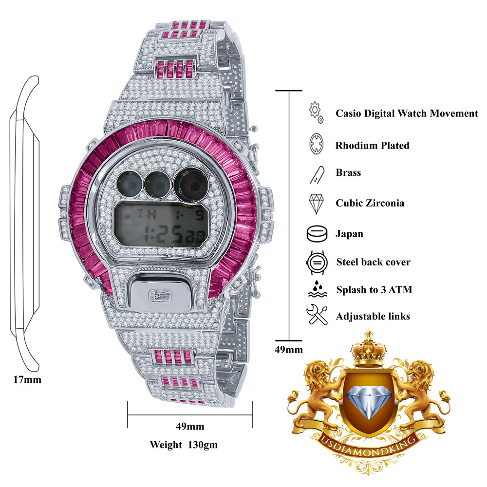 Pre-owned Usdiamondking Baguette Pink Tourmaline White Gold Casio Shock Authentic Dw-6900 Custom Watch