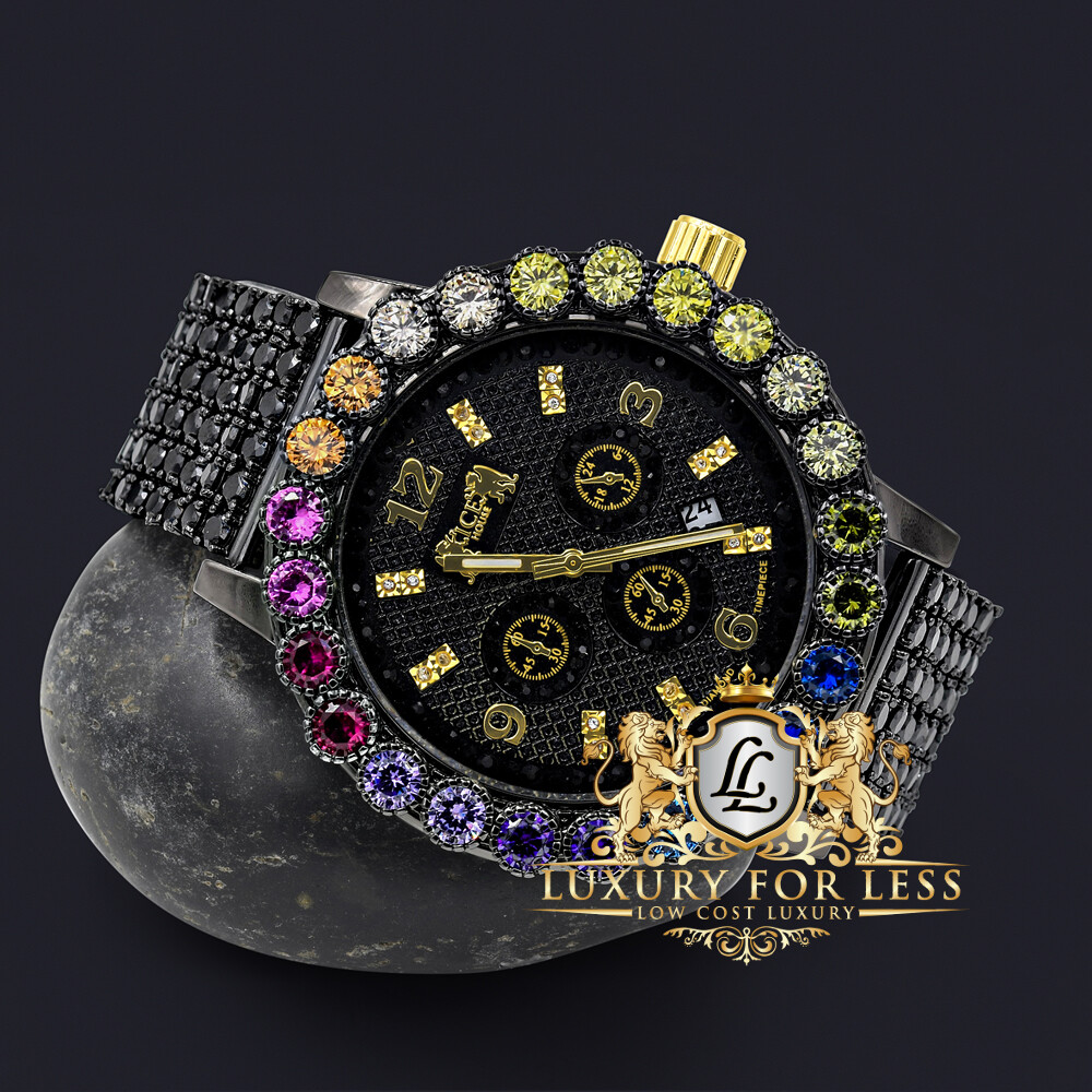 Pre-owned Prong Set Rainbow Black Gold Multi Tone Custom Time Piece Men's Watch Xl W/date