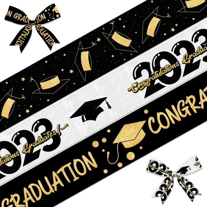 3 Pieces Graduation Ribbons 5 Yards, 2023 Congratulations Graduates Words Gradua