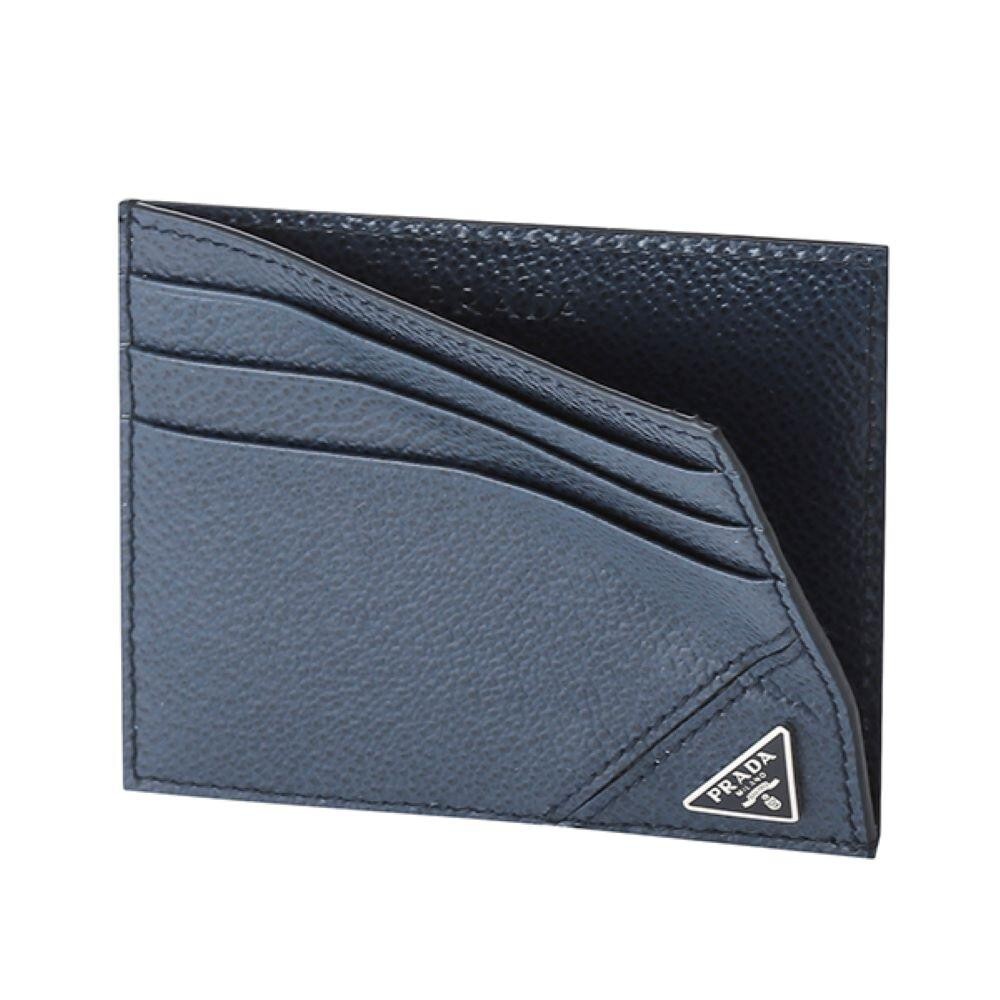 Pre-owned Prada Vitello Micro Grain Navy Triangle Logo Cardholder Wallet In Blue