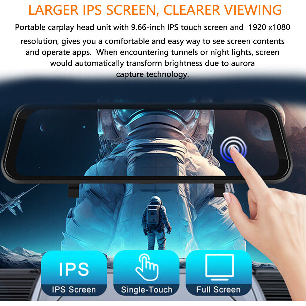 9.66" Car Dash Cam Wireless Apple CarPlay Android Auto Dual Front & Rear Camera