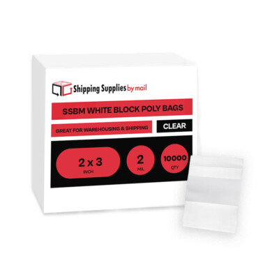 10000 Pcs Clear Reclosable Plastic Zip Lock Bags with White Block 3'' x 4'' 2 Mil