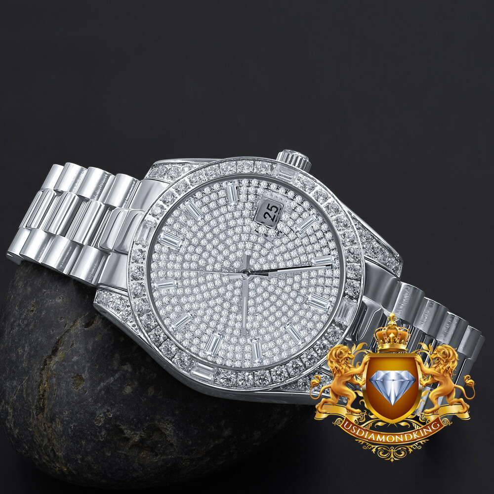 Pre-owned Bling Master Solid Steel 18k White Gold Tone Baguette Simulated Diamond President Watch 40mm