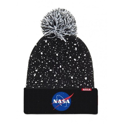 NASA Strickmütze mit Bommel / Pompons, Bommelmütze, schwarz mit Schriftzug und L