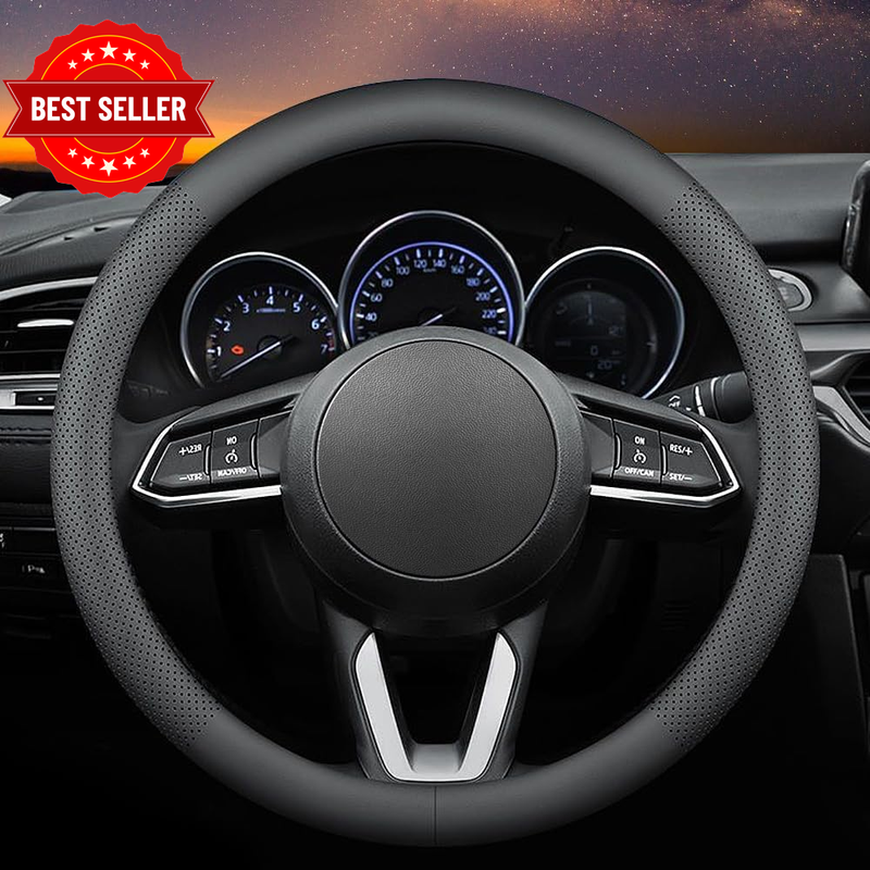 Leather Car Steering Wheel Cover, Ultra-Thin, Comfortable, Non-Slip, Breathable,
