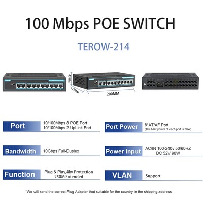 Ethernet Smart Switch 8 PoE+2 UpLink With Internal Power Office Home Network Hub