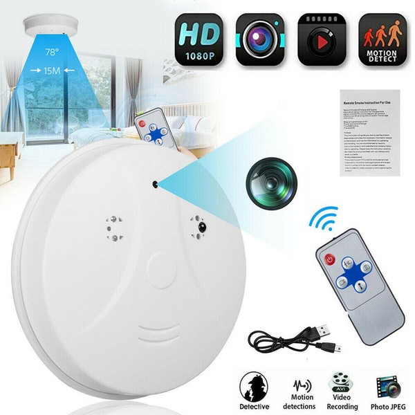 Compact wireless security camera with remote control.