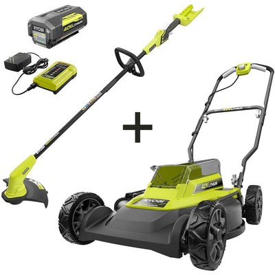 RYOBI Walk Behind Push Mower and Trimmer 40V 18 in 2-in-1 Cordless Charger