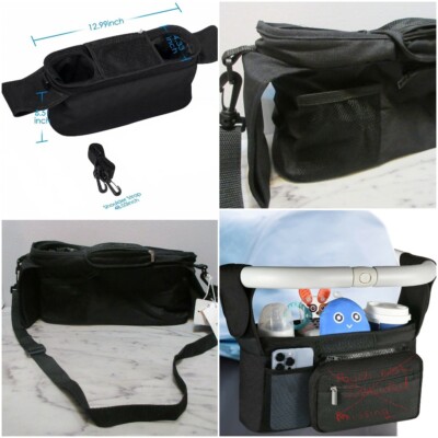 Black Baby Pet Stroller Organizer w 2 Insulated Cup Holders, Shoulder Strap Univ