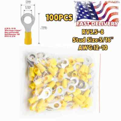 100pcs Yellow Vinyl Ring Terminal Connector 12-10GA Gauge 5/16'' Crimp Wire Power
