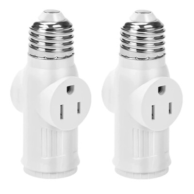 2X 3 Prong E26 E27 Light Socket to Plug Adapter 2/3 Prong Outlet Light Bulb Plug