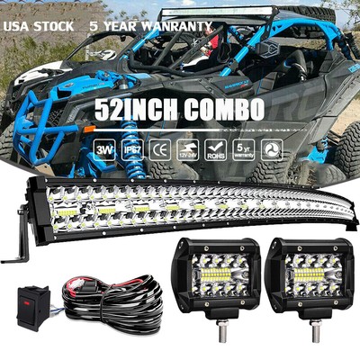 Roof Curved 52'' LED Light Bar w/2x Pods Lights For Can-am Maverick X3 DS RS MAX