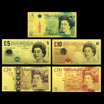 5pcs/set Queen Elizabeth II 5,5,10,20,50 Pounds UK Money Gold Plastic Banknotes
