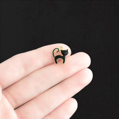 4 Black Cat Gold Tone Enamel Charms - E574