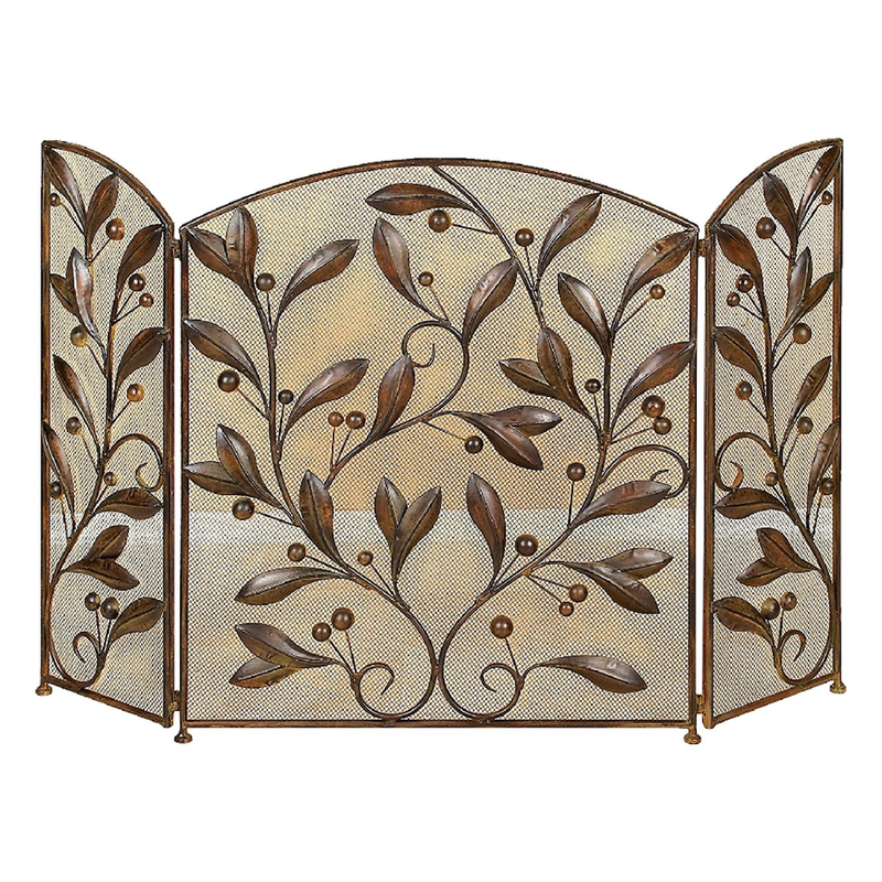 Metal Fire Screen Iron Fireplace Protection 3 Panel Brown Ornate