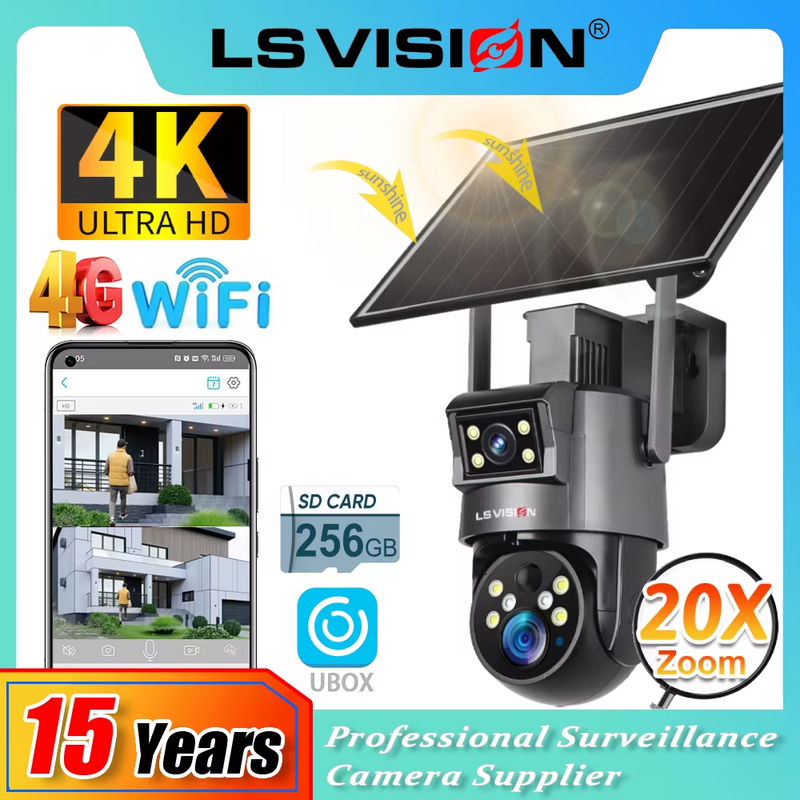 4K 8MP UBOX Solar Camera 4G SIM/WiFi 20XOptical Zoom 2-Screens Sloar Battery IP