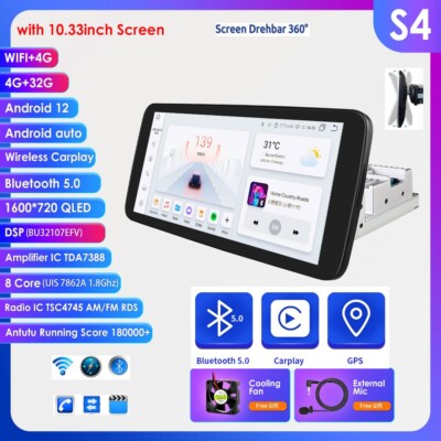 Single 1 DIN Rotatable 10.33'' Android 13 Touch Screen Car Stereo Radio GPS Wifi