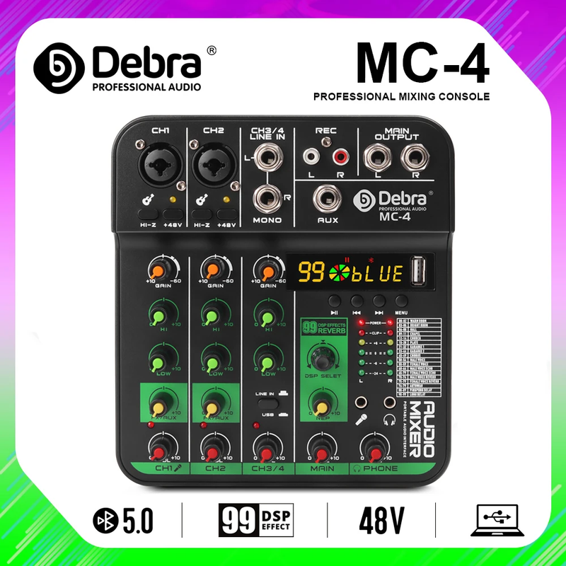 Debra MC-4 4 Channel Audio Mixer Bluetooth 5.0 99 DSP Reverb for Live Streaming