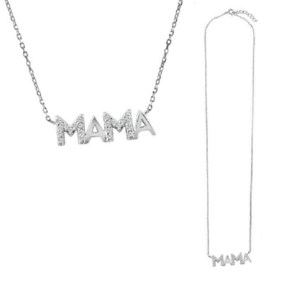 Sterling Silver Necklace w/ Cubic Zirconia Stones MAMA Pendant