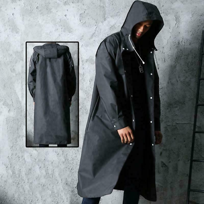 Men Black Waterproof Long Raincoat Rain Coat Hooded Trench Jacket