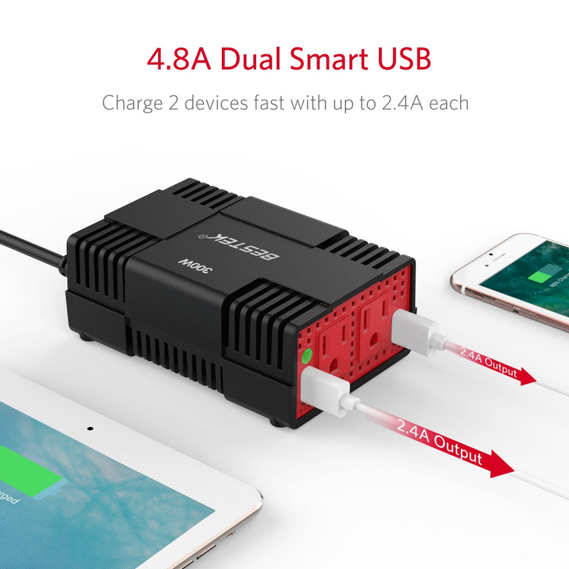 BESTEK 300W Power Inverter DC 12V to 110V AC Car Adapter with 4.8A Dual USB Char