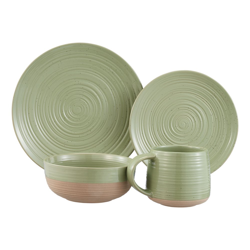 Stoneware Dinnerware Set 16-Piece Service for 4 Green Plates Bowls Mugs Dishes