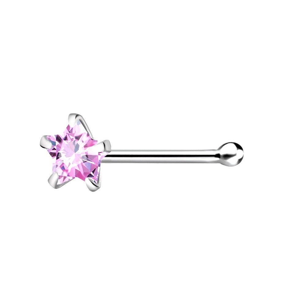 Pink Cubic Zirconia Star Nose Stud * short Pin * 925 Sterling Silver