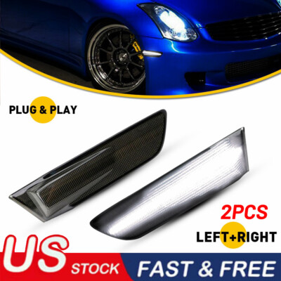 White LED Side Marker Lights Fender Lamp Smoke Lens For 03-07 Infiniti G35 Coupe
