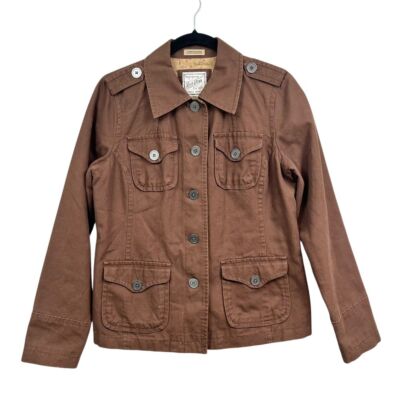 Ruff Hewn Womens Military Utility Jacket Collared Flap Pockets Lined Brown Sz M