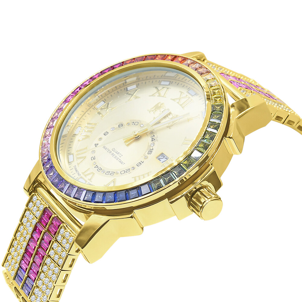 Pre-owned Ice House Genuine Diamond Men's Yellow Gold Tone Baguette Rainbow Multi Dial Custom Watch