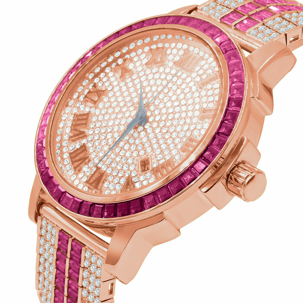 Pre-owned Ice House Roman Numerals Dial Pink Tourmaline Solid Steel Baguette Bezel Custom Band Watch