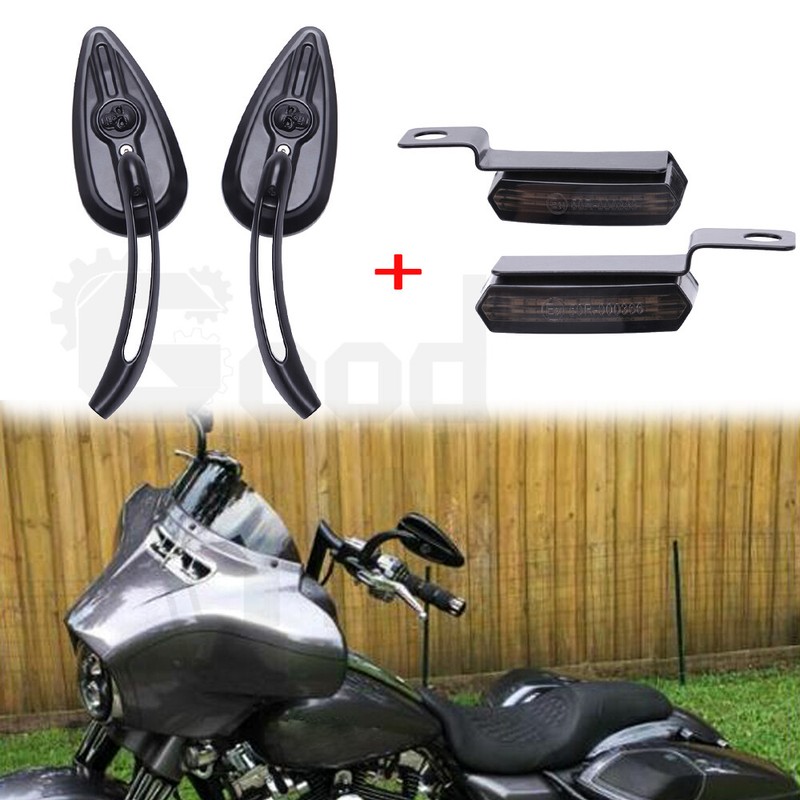 Motorcycle Skull Mirrors w/ LED Turn Signals For Harley Road King