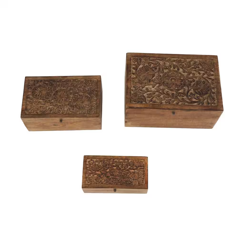 Decorative Wooden Keepsake Box Set Mango Wood Carved Storage Box Rustic 3 Piece