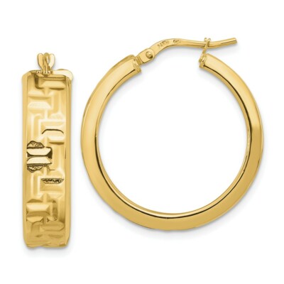 Pre-owned Superdealsforeverything Real 14kt Yellow Gold Polished Textured Aztec Pattern Hoop Earrings