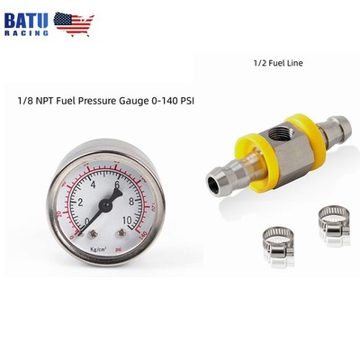 1/2'' Gauge Sensor T-Fitting Adapter + 1/8 NPT Fuel Pressure Gauge 0-140 PSI