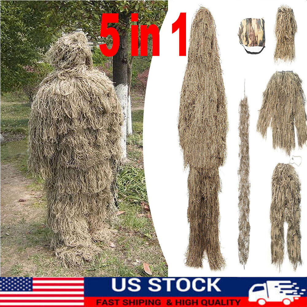 5pc 3D Military Woodland Camouflage Ghillie Suit Hunting Archery Sniper Clothing