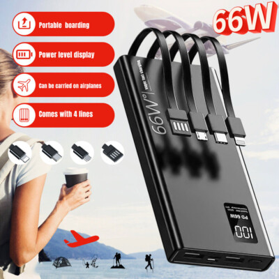 4 Cables Power Bank 40000mAh With Digital display, LED Flashlight, 66W Charging