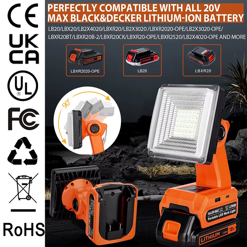 1500LM LED Work Light for Black and Decker 20v Battery 25W Floodlight with Fast