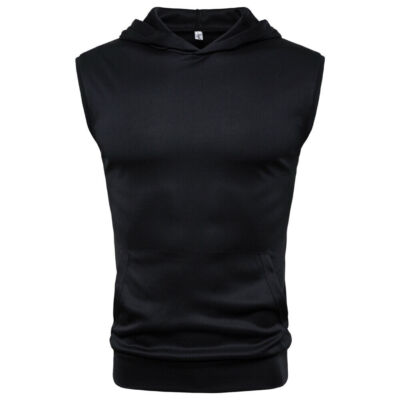Men's black casual T-shirt vest, solid color sleeveless hooded top pullover