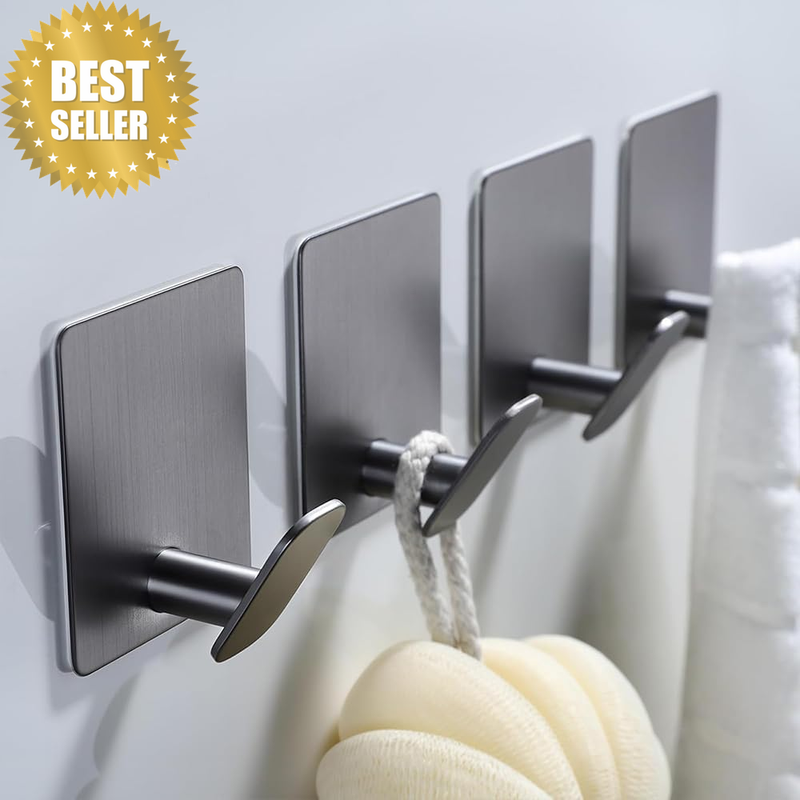 Self Adhesive Hooks, 4-Pack Stainless Steel No-Drill Hooks for Towels in Bathroo
