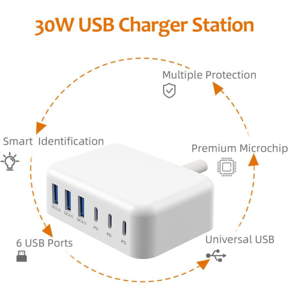 Fast USB-C Wall Charger 6-Port USB Hub Charging Station PD Power Adapter