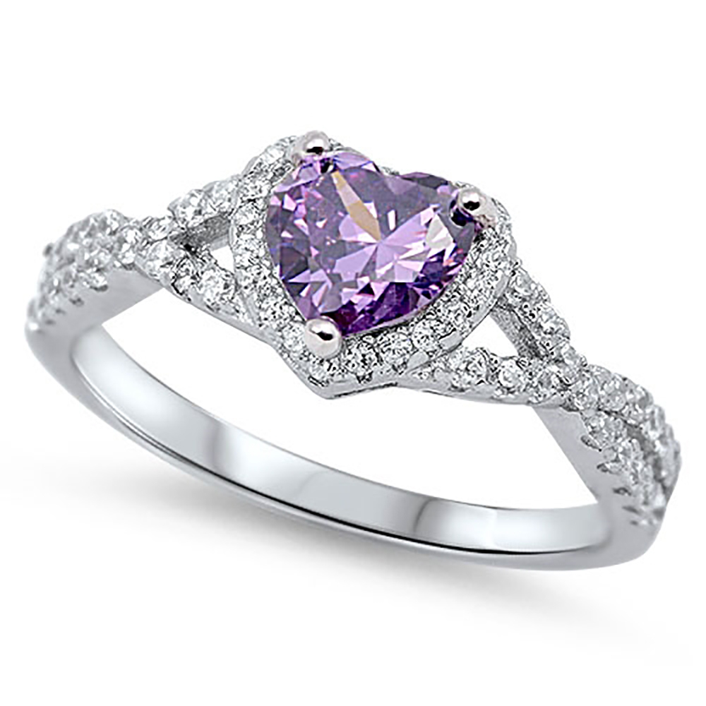 Sterling Silver 925 CZ Infinity Heart Halo Purple Amethyst Promise Ring